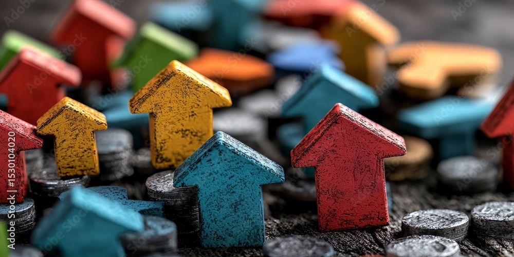 Poster bunch of colorful wooden houses with a few coins on the ground. the houses are arranged in a way tha