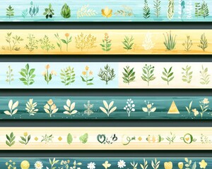 A digital illustration featuring multiple horizontal bands, each showcasing a collection of stylized botanical elements, including leaves, 