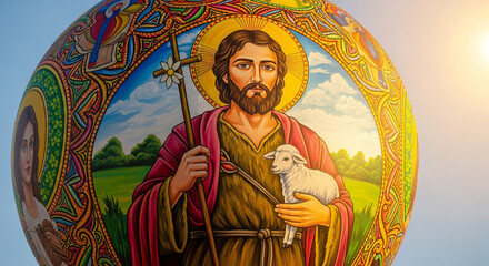 Fototapeta premium Ornate painting of jesus holding a lamb and a cross on a large egg shaped object outdoors