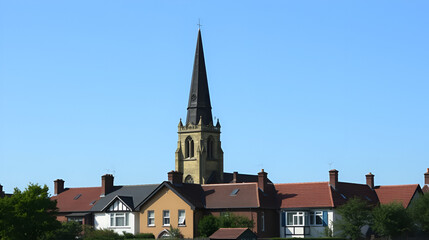 Obraz premium an old church tower is towering over a row of houses