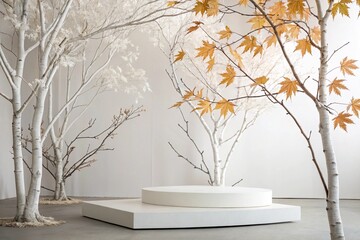 Obraz premium Minimalist terrazzo podium with autumn branches and vase decor. Neutral beige background, soft lighting, and clean interior style for elegant fall-themed product display or still life.