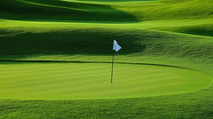 Obraz premium Smooth golf putting green with flag in center under soft natural daylight