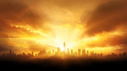City skyline is lit up by the sun, creating a warm and inviting atmosphere. The sun is setting, casting a golden glow over the buildings and the sky. The cityscape is a beautiful