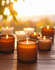 Vela en envase de vidrio &aacute;mbar sobre una superficie de madera clara, elementos decorativos naturales alrededor.