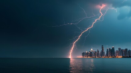 City skyline is reflected in the water, with a lightning bolt streaking across the sky. Scene is dramatic and intense, as the lightning bolt illuminates the dark sky and the city below