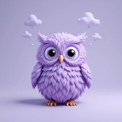 Fototapeta premium Cute Purple Owl with Big Eyes and Thought Clouds on Lavender Background