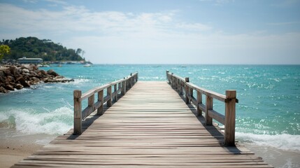 Fototapeta premium Wooden dock stretching into turquoise waters, serene beach backdrop. Tranquil escape into nature's beauty.