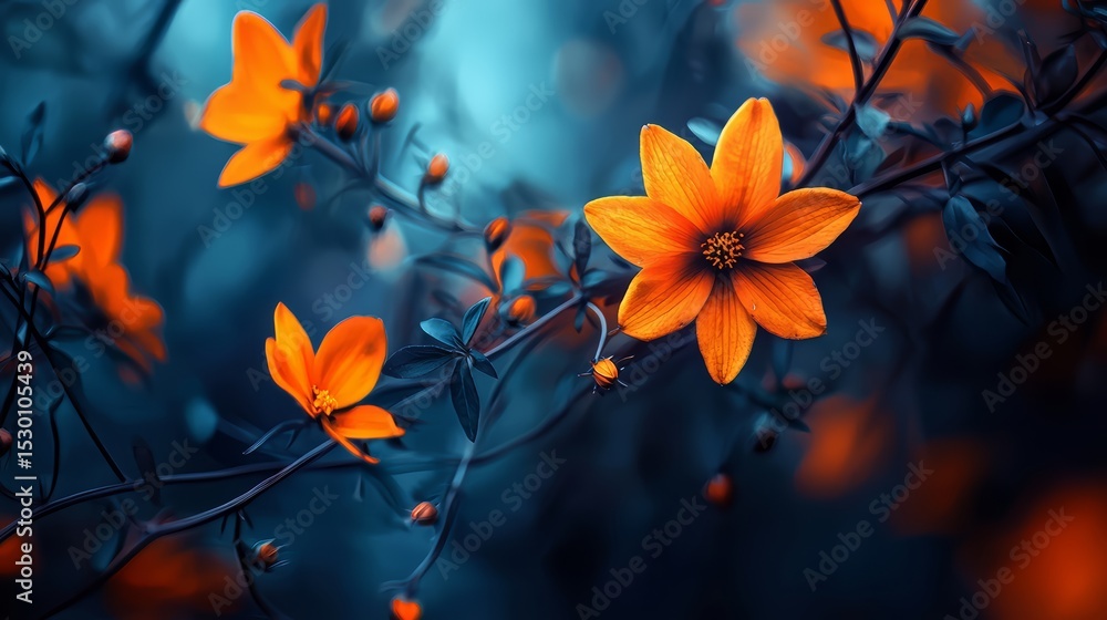 Poster close up of a branch with orange flowers. the flowers are in full bloom and the branch is blue. the 