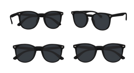 Four views of black round sunglasses isolated on white background