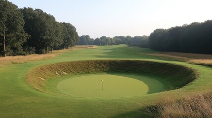 Undisturbed hole on a morning green with rake marks from nearby bunker in view