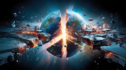 A violent cosmic scale explosion shatters the Earth scattering debris and energy across the universe signaling a global environmental and societal catastrophe