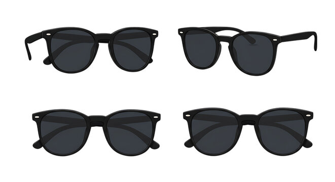 Four views of black round sunglasses isolated on white background