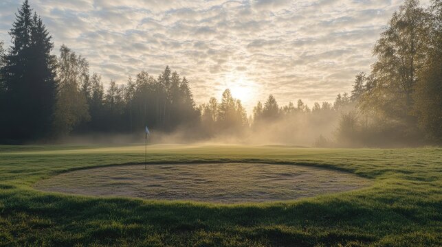 Undisturbed hole on a morning green with rake marks from nearby bunker in view - Powered by Adobe