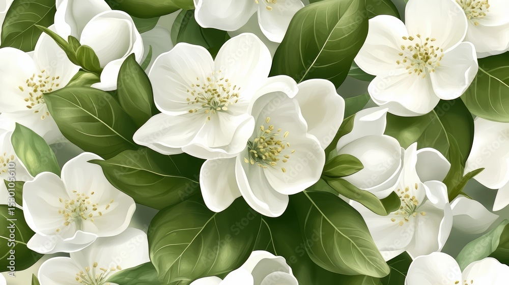 Poster close up of a bunch of white flowers with green leaves. the flowers are arranged in a way that they 