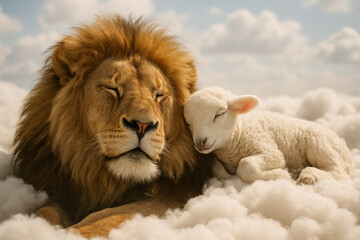 Lion and Lamb Resting in Heaven – Peaceful Biblical Symbol of Jesus, Innocence, and Divine Harmony


