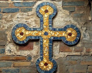 Byzantine Cross in Palermo Church: Ancient Artwork of Tomb Altar Mosaic