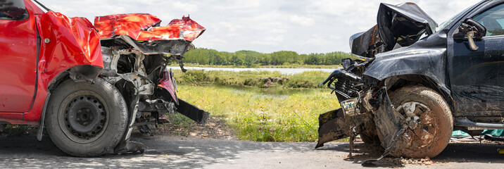 Cars damaged from a collision stand on a country road