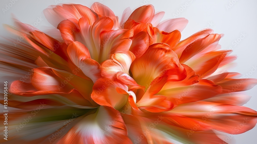 Poster Close up of a flower with a blurry background. The flower is orange and has a white center. The image has a dreamy, ethereal quality to it, as if the viewer is looking through a foggy window