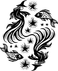 Obraz premium Sea witches summon ocean magic weaving mystic sorcery through mythical tides. Enchanting Witch and Fish in Mystical Black and White Design