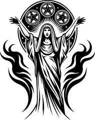 Sea witches summon ocean magic weaving mystic sorcery through mythical tides. Elegant Lady with Outstretched Arms Surrounded by Stars and Flames