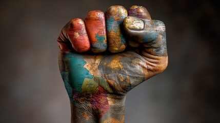 A vibrant multicolored hand forming a clenched fist symbolizing the power of expression individuality and the human spirit