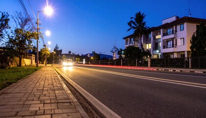 Obraz premium Urban Evening Scene with Car Light Trails and Building Silhouette at Dusk