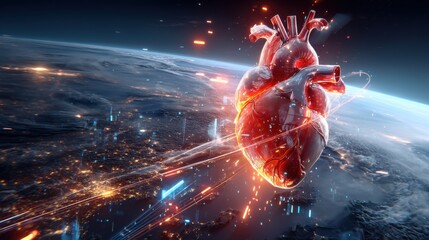 A detailed glowing heart anatomy set against the vast awe inspiring expanse of the universe symbolizing the interconnectedness of science technology and the human condition