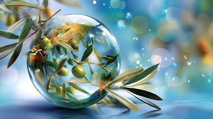 Delicate olive branches gracefully reflected in a transparent glass sphere creating a serene and harmonious natural scene