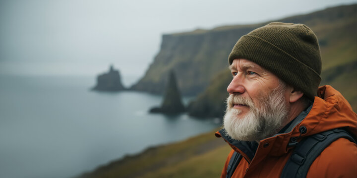 Senior man overlooking rugged Icelandic coastline. Thoughtful elderly male enjoying dramatic sea view. Travel Iceland