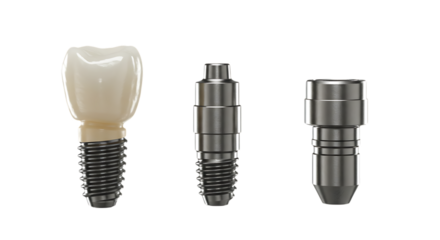 Dental implant components crown abutment and screw isolated on white background
