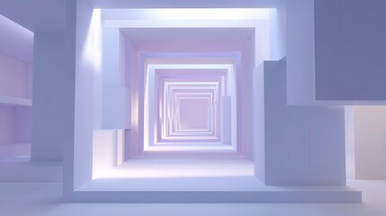 Abstract geometric tunnel with square frames creating a sense of depth and perspective in a modern minimalist white and purple illuminated environment
