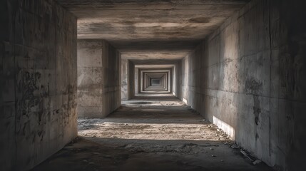 Long underground tunnel with concrete walls and square openings creating a perspective vanishing point in an abandoned industrial structure