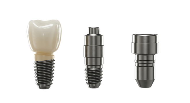 Dental implant components crown abutment and screw isolated on white background