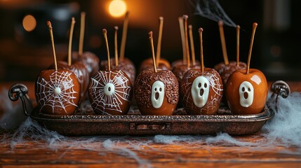 A rustic metal tray holds a collection of Halloween-themed caramel apples.  Each apple is decorated with chocolate, featuring ghostly faces or spiderwebs