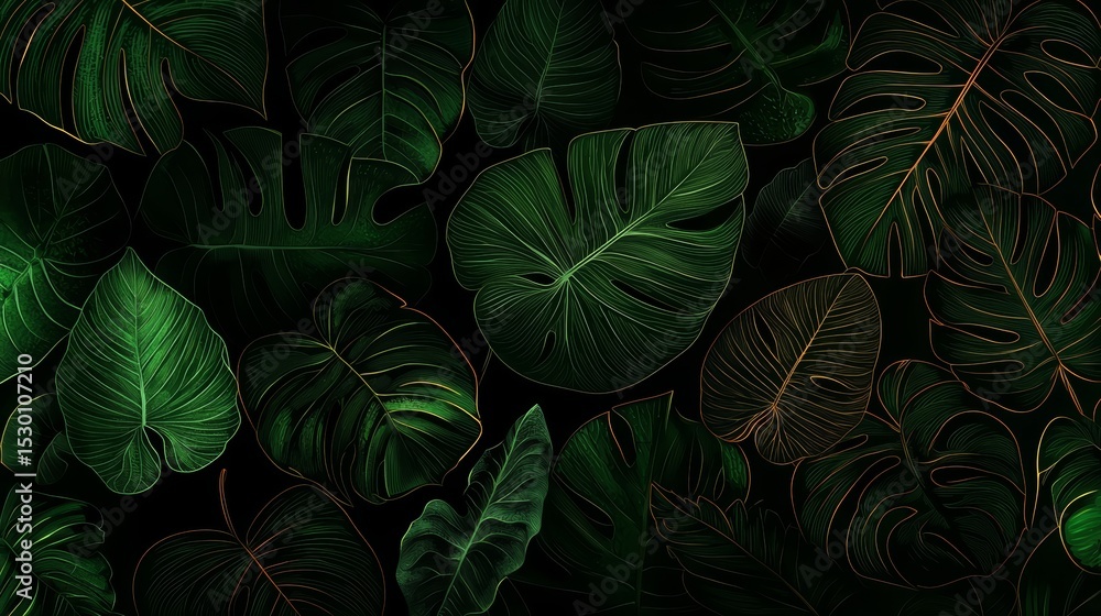 Aufkleber close up of green leaves with gold accents. the leaves are arranged in a way that creates a sense of
