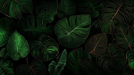 Close up of green leaves with gold accents. The leaves are arranged in a way that creates a sense of depth and movement. The gold accents add a touch of luxury and elegance to the image