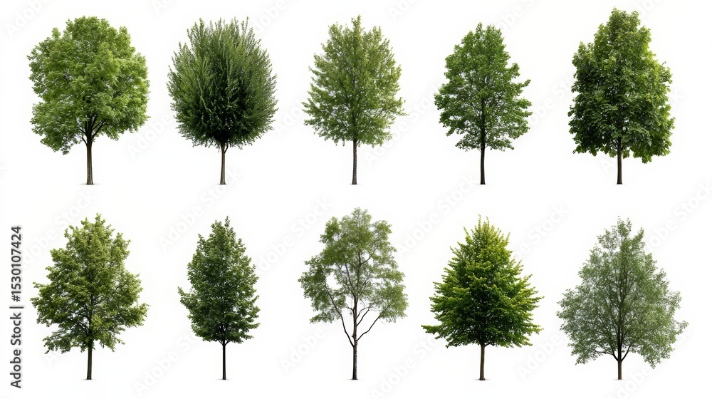 Poster Collection of trees are shown in various sizes and shapes. The trees are all green and are arranged in a row. Concept of nature and tranquility, as the trees are all standing tall and healthy
