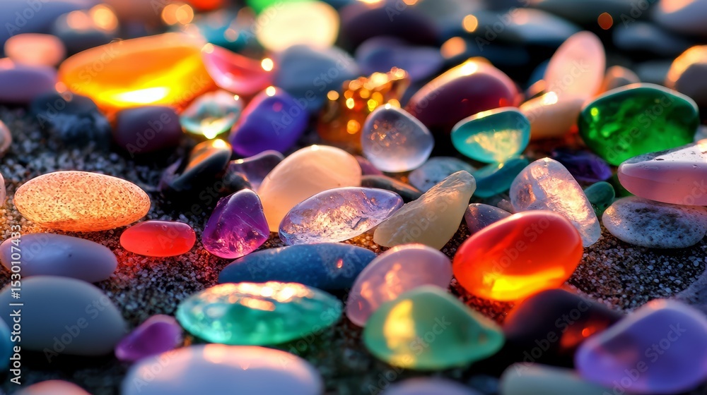 Leinwandbilder collection of colorful glass beads on a beach. the beads are of various colors and sizes, creating a