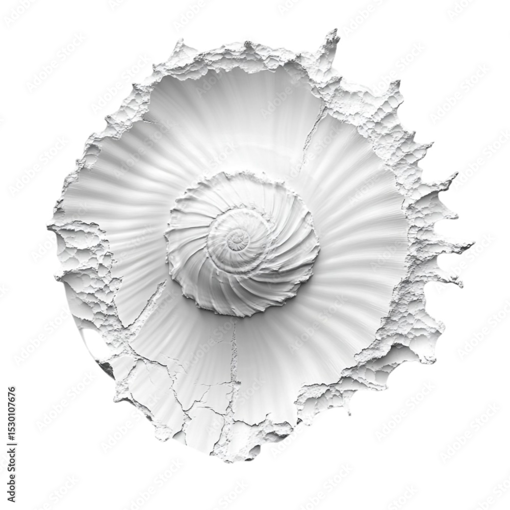 Poster abstract white spiral shell design with textured edges and a barcode border