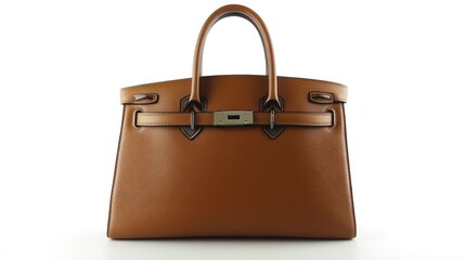 A sophisticated tan leather handbag sits on a white surface, showcasing its textured grain and refined metallic