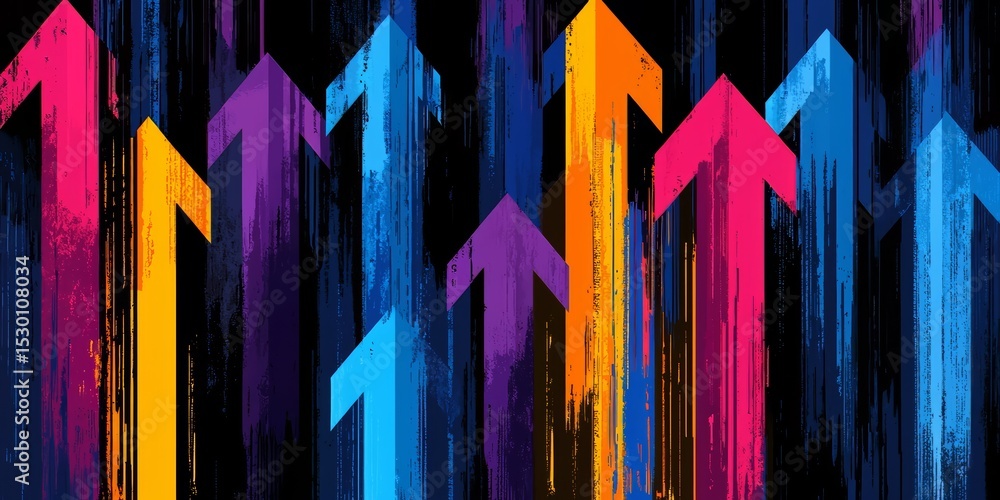 Poster Colorful array of arrows pointing in different directions. Concept of movement and progress, as if the arrows are guiding the viewer towards a goal or destination