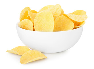 Tasty potato chips in bowl isolated on white