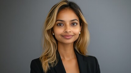 Fototapeta premium Professional portrait of a confident young woman with long wavy blonde hair wea a black blazer smiling softly in studio setting against plain gray background