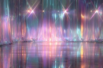 Iridescent draping shimmer, lights reflecting off the shiny floor. Creating a sense of space and allure in this soft focus studio shot