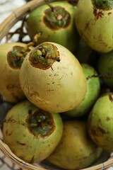 Many fresh coconuts in basket, top view