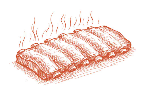 Barbecue Ribs with Smoke Lines, Hand-Drawn Sketch – BBQ Food Graphic for Restaurant Menus, Recipe Illustrations, Packaging, Advertising  