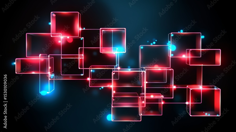 Poster Colorful image of cubes with red and blue lights. The image is abstract and has a futuristic feel to it