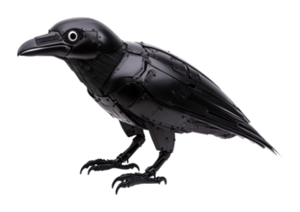 Futuristic mechanical raven sculpture art gallery 3d contemporary environment isolated on transparent background
