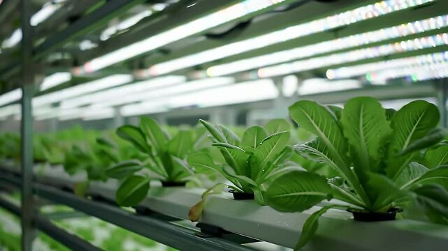 Green Leafy Plants in White Hydroponic System with White Lights Close Up