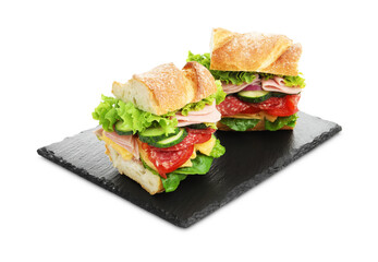 Tasty baguette sandwich with ham and vegetables isolated on white